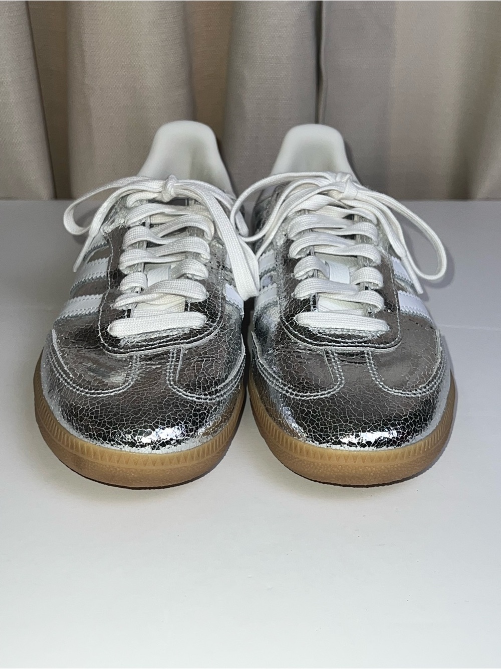 NWOT ADIDAS Samba Sneakers Featuring Silver Cracked Metallic Leather Upper - Picture 7 of 13